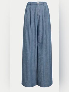 NWT RALPH LAUREN Pleated Chambray Wide Leg Pants in Blue Wash Size 18